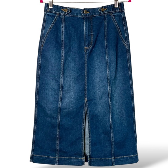 CHAPS Cotton Blend Dark Wash Denim Skirt w/ Side Pockets & Front Slit US Sz 8 - Picture 3 of 10